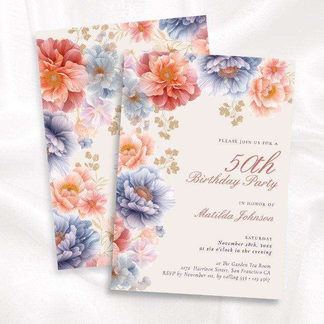 Invitación Elegante fiesta de cumpleaños número 50 de Floral (Elegant Floral 50th Birthday Party Invitation)