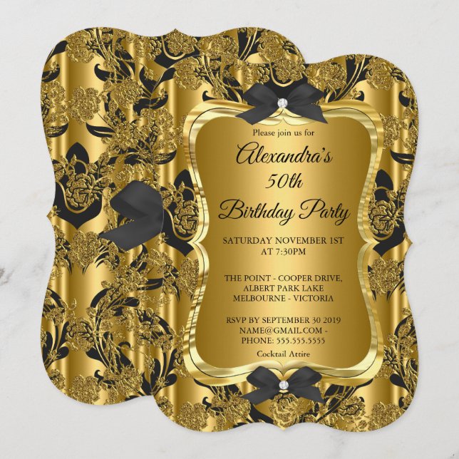 Invitación Elegante fiesta de cumpleaños número 50 dorado neg (Anverso / Reverso)
