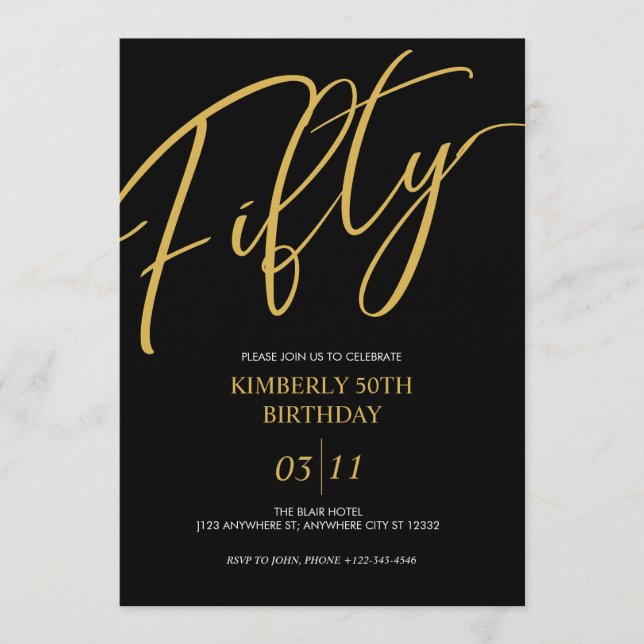Invitación Elegante fiesta de cumpleaños número 50 en negro y (Anverso)