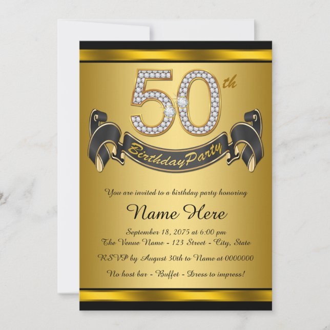Invitación Elegante fiesta de cumpleaños número 50 en oro (Anverso)