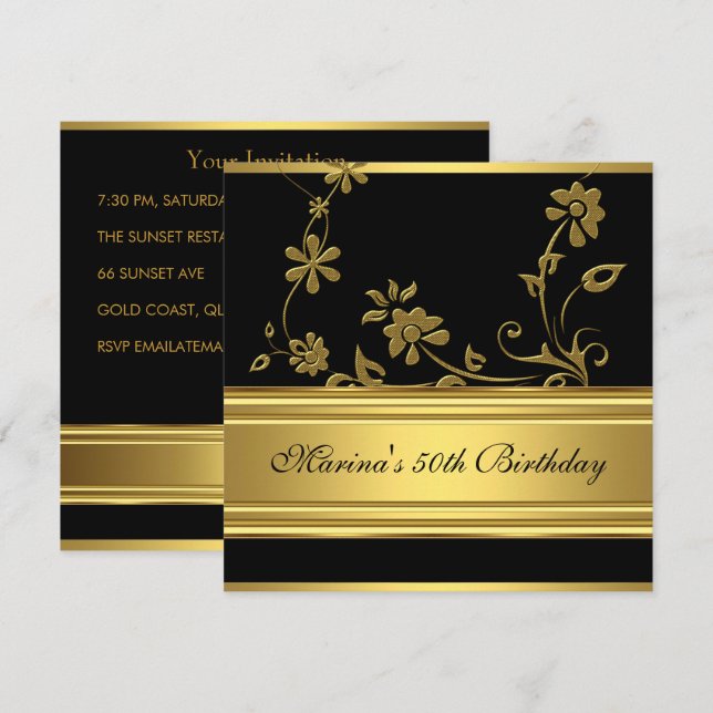 Invitación Elegante fiesta de cumpleaños número 50 negro dora (Anverso / Reverso)