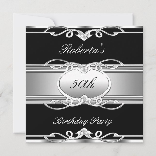 Invitación Elegante fiesta de cumpleaños número 50 negro plat (Anverso)