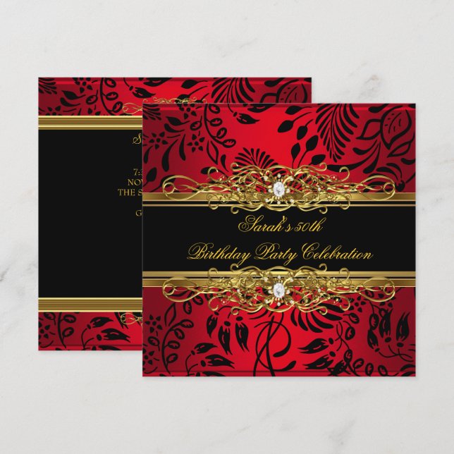 Invitación Elegante fiesta de cumpleaños número 50 Red Black  (Anverso / Reverso)
