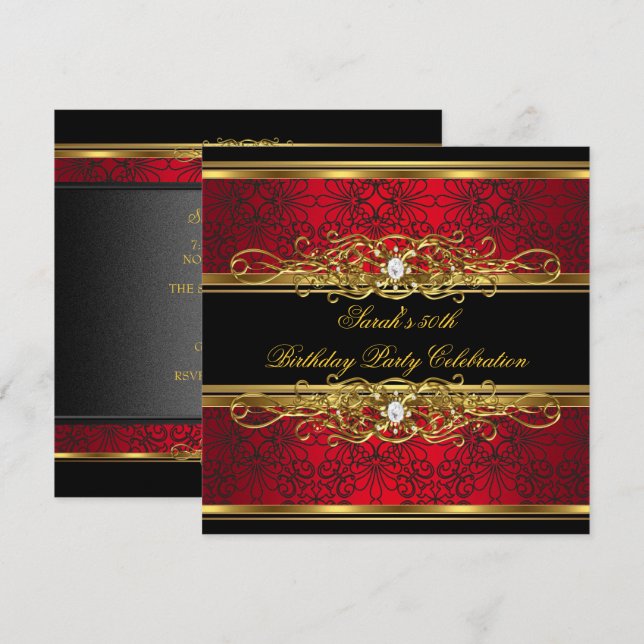 Invitación Elegante fiesta de cumpleaños número 50 rojo negro (Anverso / Reverso)