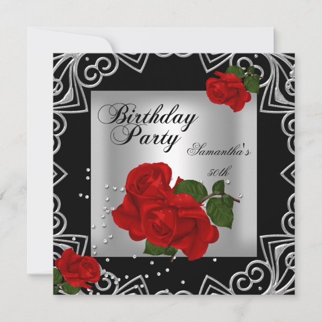 Invitación Elegante fiesta de cumpleaños número 50 Rosa Roja  (Anverso)