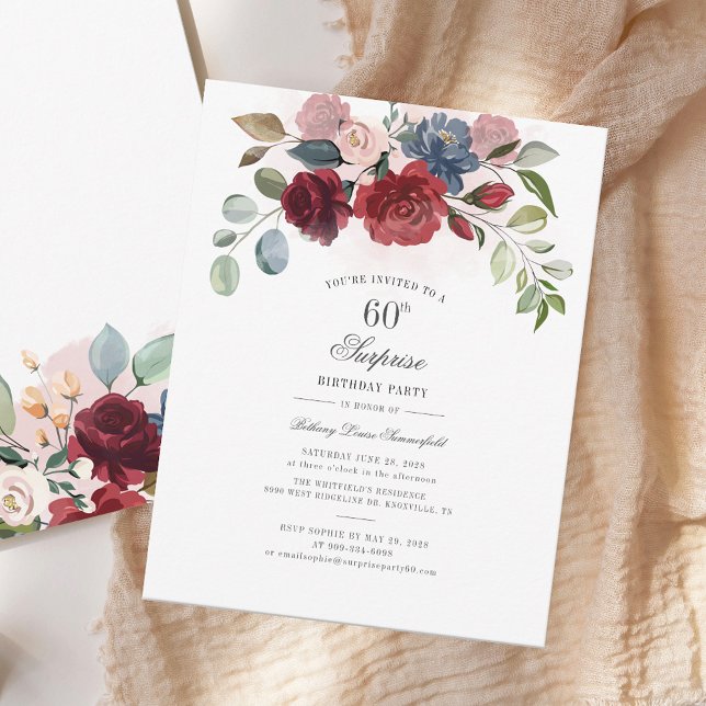 Invitación Elegante fiesta de cumpleaños número 60 de Floral (Elegant Floral 60th Birthday Party Invitation)