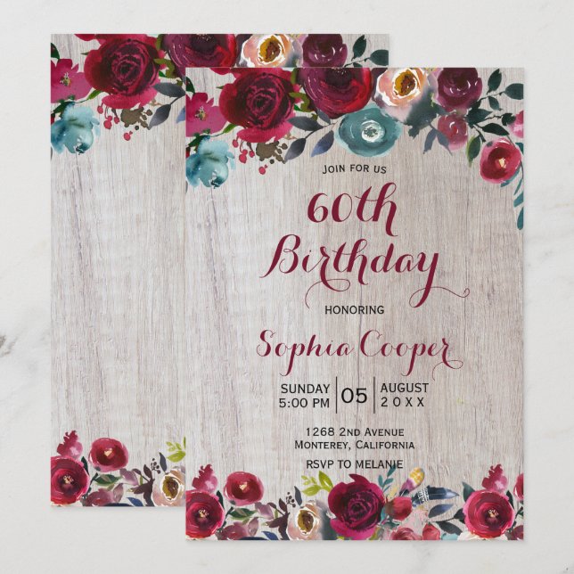 Invitación Elegante fiesta de cumpleaños número 60 de la Mari (Anverso / Reverso)