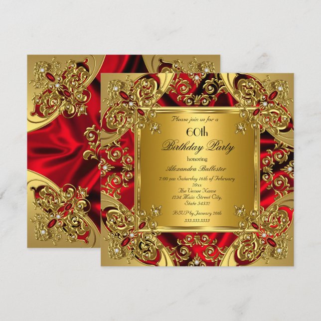 Invitación Elegante fiesta de cumpleaños número 60 de seda ro (Anverso / Reverso)