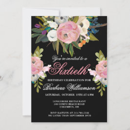 Invitación Elegante fiesta de cumpleaños número 60 floral pin