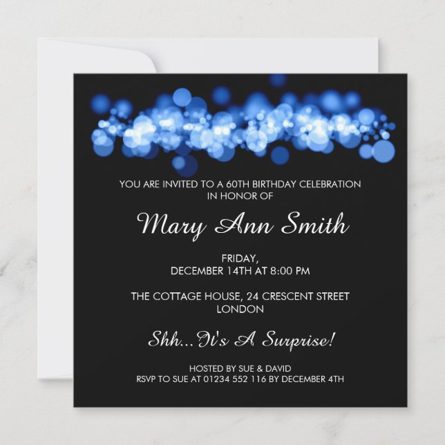 Invitación Elegante fiesta de cumpleaños número 60 luces azul (Anverso)