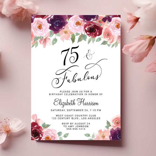 Invitación Elegante fiesta de cumpleaños número 75 de Floral (Subido por el creador)