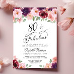 Invitación Elegante fiesta de cumpleaños número 80 de Floral<br><div class="desc">Elegante invitación de cumpleaños número 80 con "80 & Fabulous" en un guión elegante y ramos de acuarela de flores rojo,  rosa y morado burdeos con vegetación sabrosa.</div>