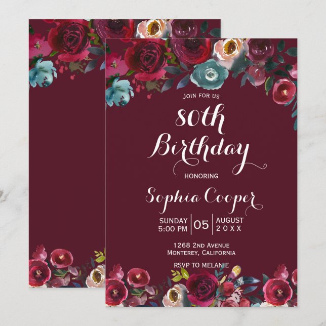 Invitación Elegante fiesta de cumpleaños número 80 de la Mari (Anverso / Reverso)