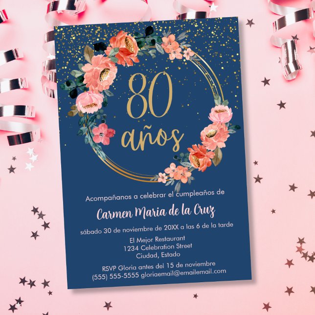 Invitación Elegante fiesta de cumpleaños número 80 floral esp (Subido por el creador)