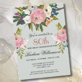 Invitación Elegante fiesta de cumpleaños número 80 floral pin
