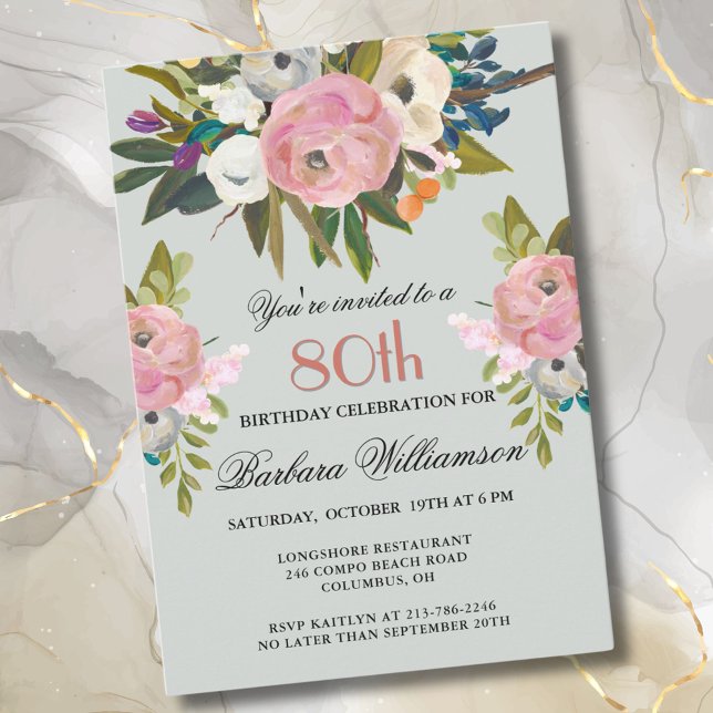 Invitación Elegante fiesta de cumpleaños número 80 floral pin (Subido por el creador)