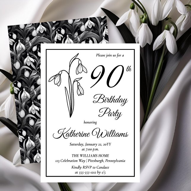 Invitación Elegante fiesta de cumpleaños número 90 de Snowdro (Elegant January Birth Month Snowdrops Floral "90th Birthday Party" Invitations -- Print | Download)