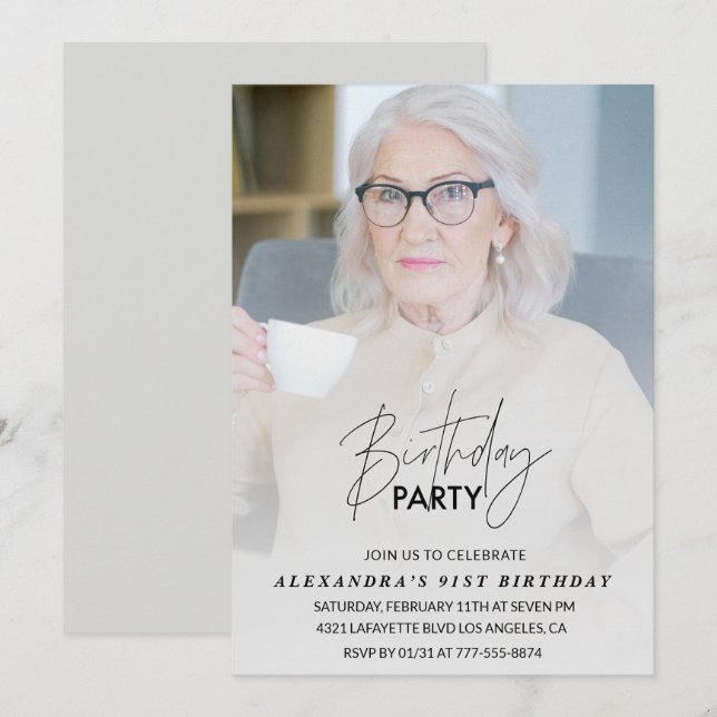 Invitación Elegante fiesta de cumpleaños número 91 en gris (Anverso / Reverso)