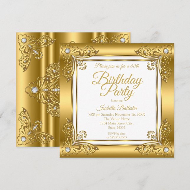 Invitación Elegante fiesta de cumpleaños Ornate Gold Diamond  (Anverso / Reverso)