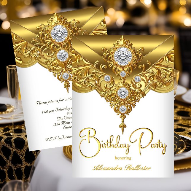 Invitación Elegante fiesta de cumpleaños Ornate White Gold Di (Subido por el creador)