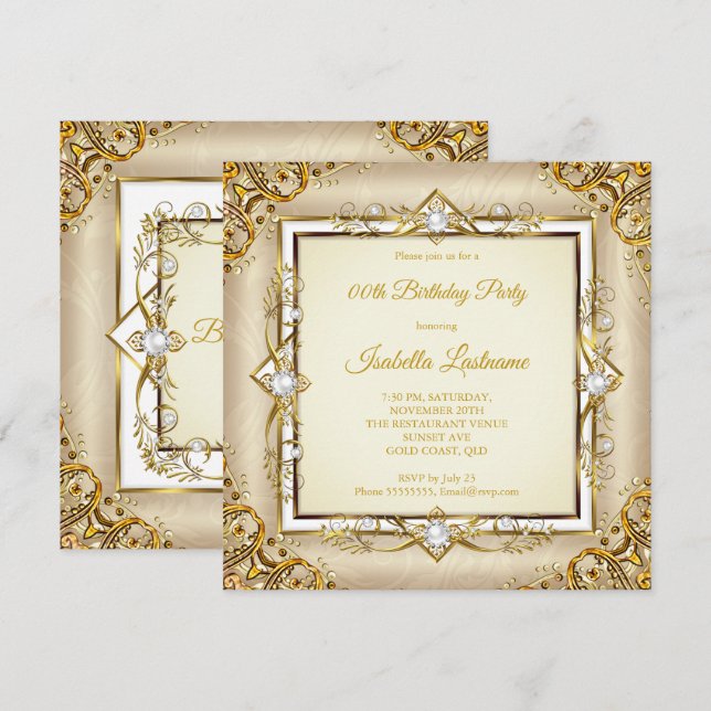 Invitación Elegante Fiesta de Cumpleaños Oro Blanco Beige Per (Anverso / Reverso)