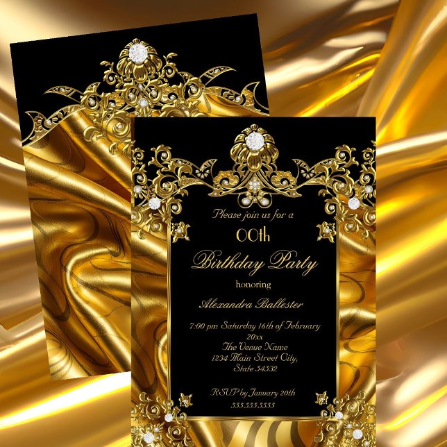 Invitación Elegante Fiesta de Cumpleaños Oro Seda diamantes n (Subido por el creador)