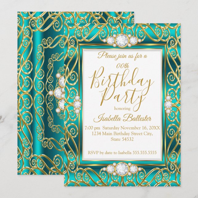 Invitación Elegante fiesta de cumpleaños oro Verde azulado Ja (Anverso / Reverso)