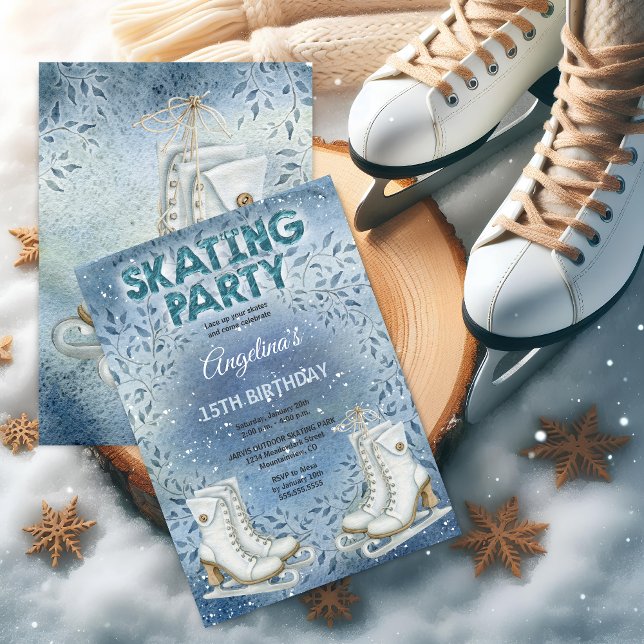 Invitación Elegante fiesta de cumpleaños para patinar sobre h (Ice skating party invitation front and back view.)