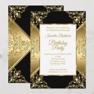 Invitación Elegante Fiesta de Cumpleaños Perla Blanca Oro Neg