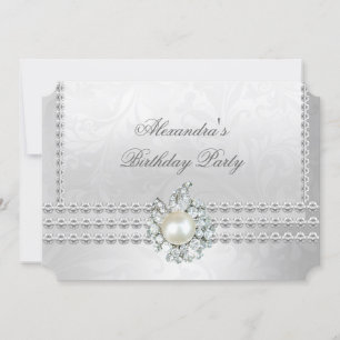 Invitación Elegante fiesta de cumpleaños plata diamante perla