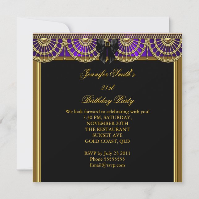Invitación Elegante fiesta de cumpleaños Purple Black Gold (Anverso)