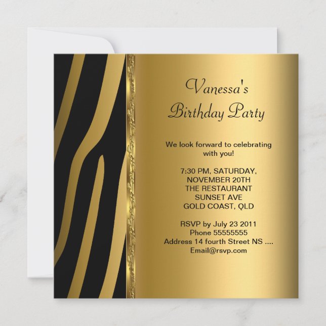 Invitación Elegante Fiesta de Cumpleaños Raya de Cebra Dorada (Anverso)