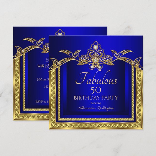 Invitación Elegante Fiesta de Cumpleaños Real Azul Dorado Dam (Anverso / Reverso)
