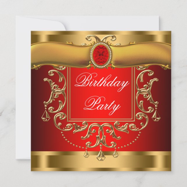 Invitación Elegante fiesta de cumpleaños roja y de oro (Anverso)