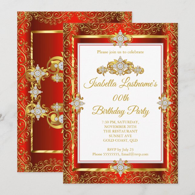 Invitación Elegante Fiesta de Cumpleaños Rojo Damasco Dorado  (Anverso / Reverso)