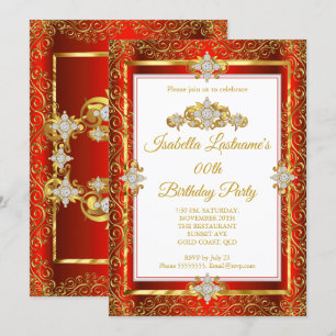 Invitación Elegante Fiesta de Cumpleaños Rojo Damasco Dorado