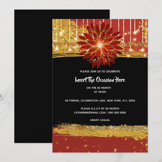 Invitación Elegante fiesta de cumpleaños rojo dorado floral (Anverso / Reverso)
