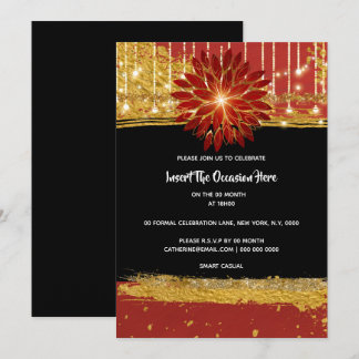 Invitación Elegante fiesta de cumpleaños rojo dorado floral