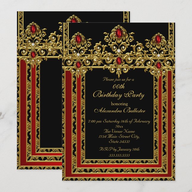 Invitación Elegante fiesta de cumpleaños rojo estilo marroquí (Anverso / Reverso)