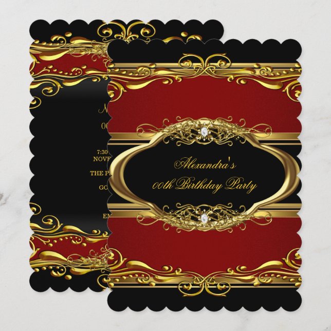 Invitación Elegante Fiesta de Cumpleaños Rojo Granate Negro D (Anverso / Reverso)
