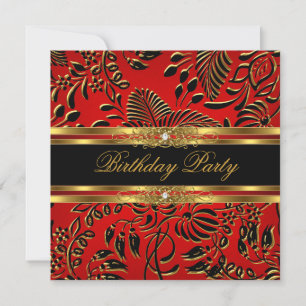 Invitación Elegante fiesta de cumpleaños rojo negro damasco d