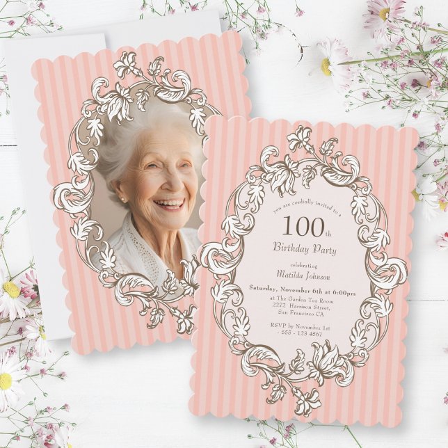 Invitación Elegante Fiesta de Cumpleaños Rosa 100 (Elegant Pink 100th Birthday Party Invitation)