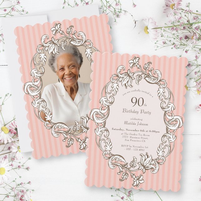 Invitación Elegante Fiesta de Cumpleaños Rosa 90 (Elegant Pink 90th Birthday Party Invitation)