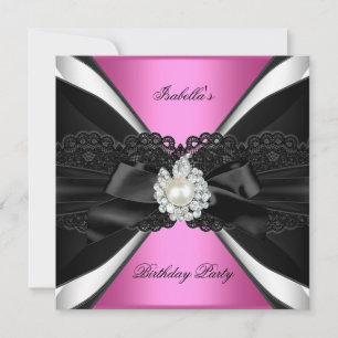 Invitación Elegante Fiesta de Cumpleaños Rosa con Joyas Negra