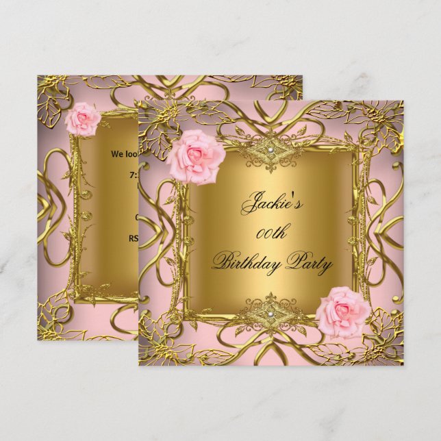 Invitación Elegante Fiesta de Cumpleaños Rosa Dorado (Anverso / Reverso)