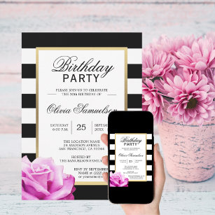 Invitación Elegante fiesta de cumpleaños rosa rosa blanco neg