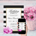 Invitación Elegante fiesta de cumpleaños rosa rosa blanco neg<br><div class="desc">Plantillas modernas y modernas que se pueden editar invitan a la fiesta de cumpleaños para chicas/mujeres con rayas blancas y negras. Falso marco dorado con rosa rosada en la esquina. Todo el texto se puede editar y cambiar; tipo de letra, color y tamaño. Comuníquese con el diseñador para obtener otras...</div>