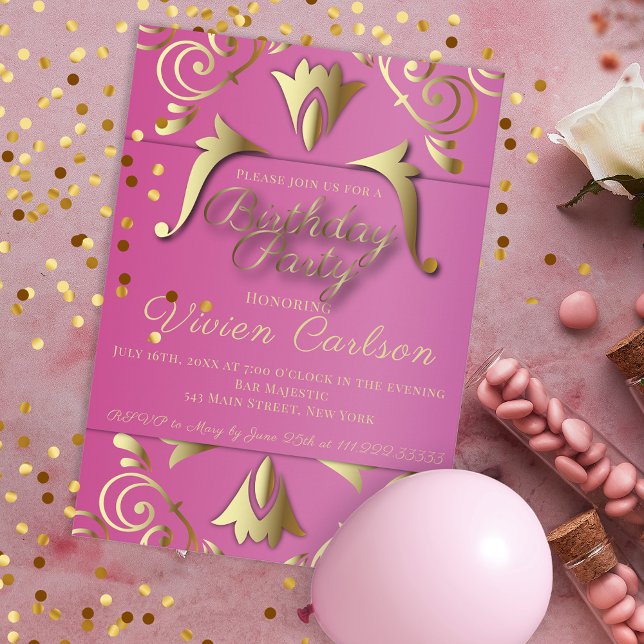 Invitación Elegante Fiesta De Cumpleaños Rosa Y Oro (Subido por el creador)