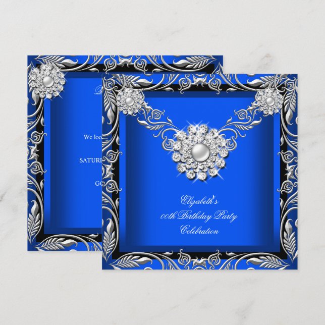 Invitación Elegante fiesta de cumpleaños Royal Blue Black Sil (Anverso / Reverso)