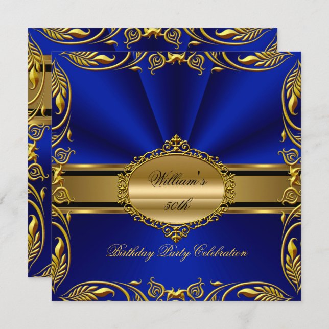 Invitación Elegante fiesta de cumpleaños Royal Blue Gold (Anverso / Reverso)